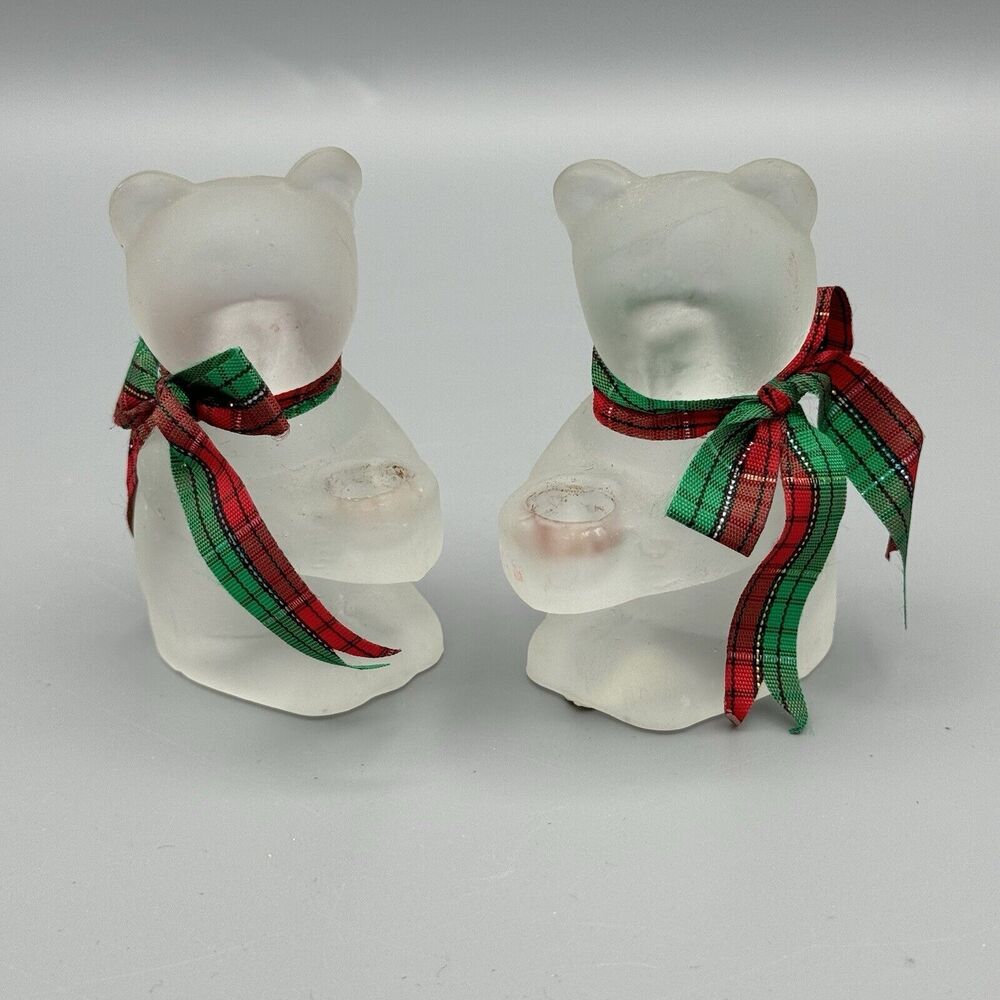 Vintage 2 R O C Frosted Glass Bears w Red Green Plaid Bows Mini Candle Holders